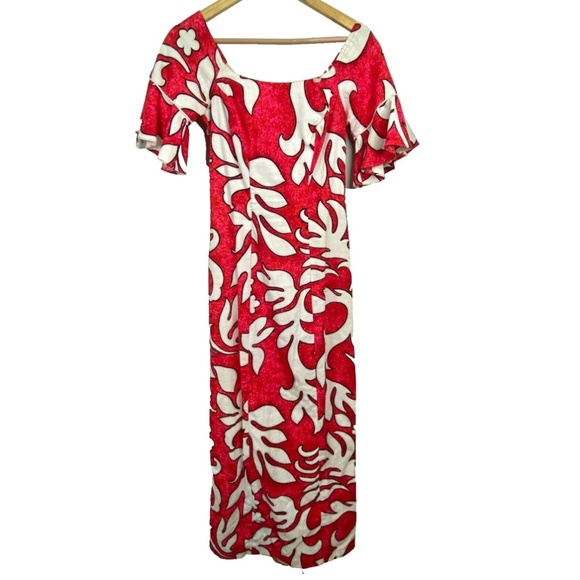 VTG Kimos Polynesian Shop Maxi Dress 8 Red Floral Flutter Sleeve Hawaiian Made - Picture 1 of 14